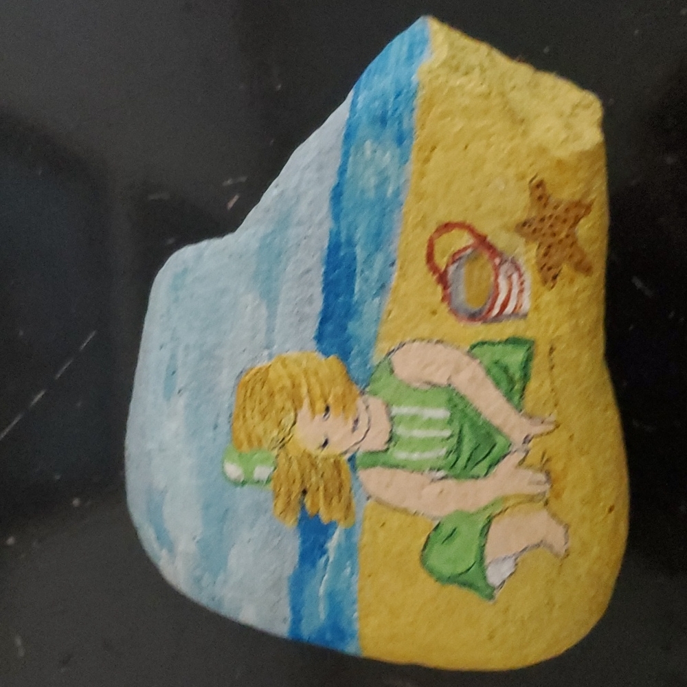 Hand Painted Rock With Beach Ocean Scene Girl and Dog